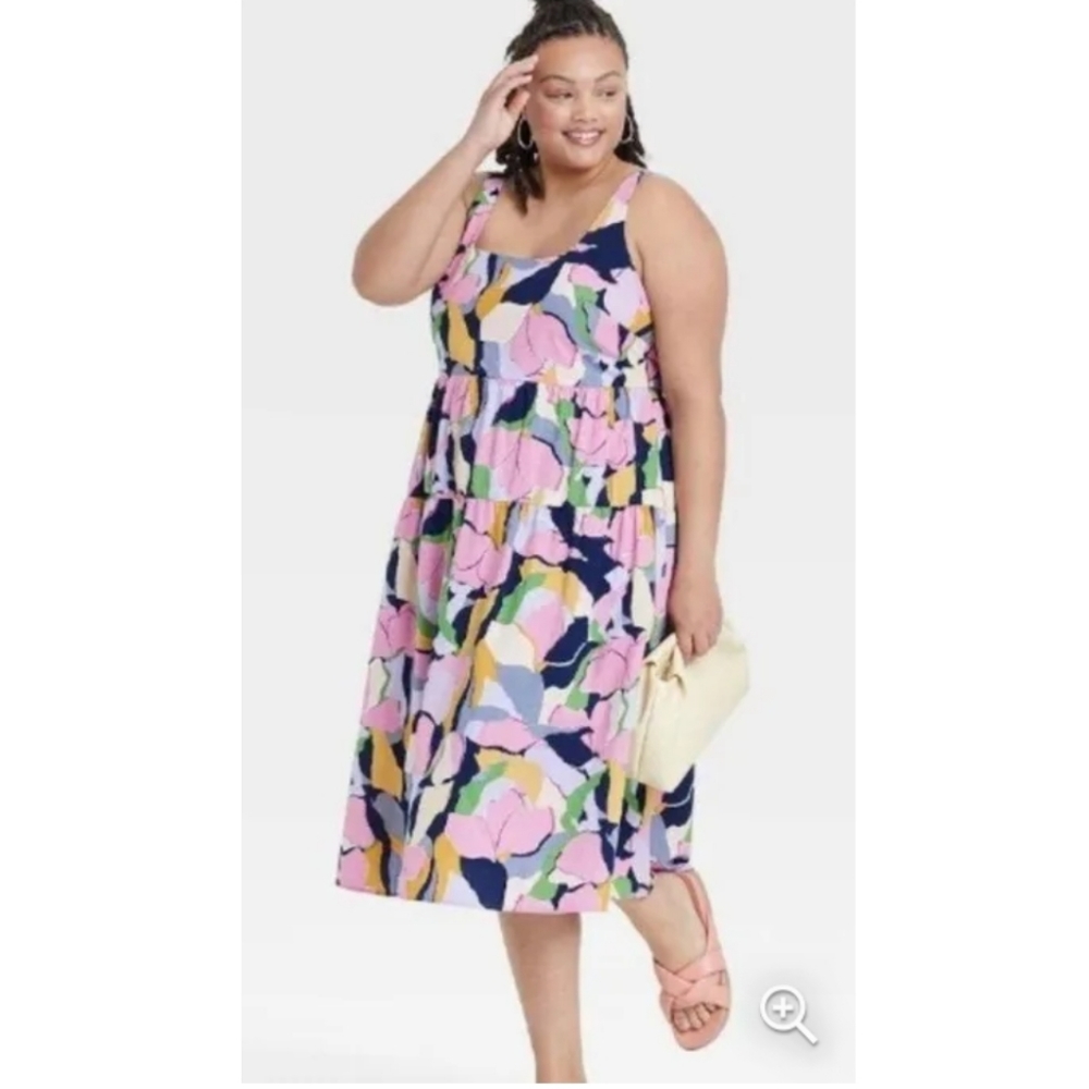Ava & Viv Floral Print Smocked Tie Back Midi Dress